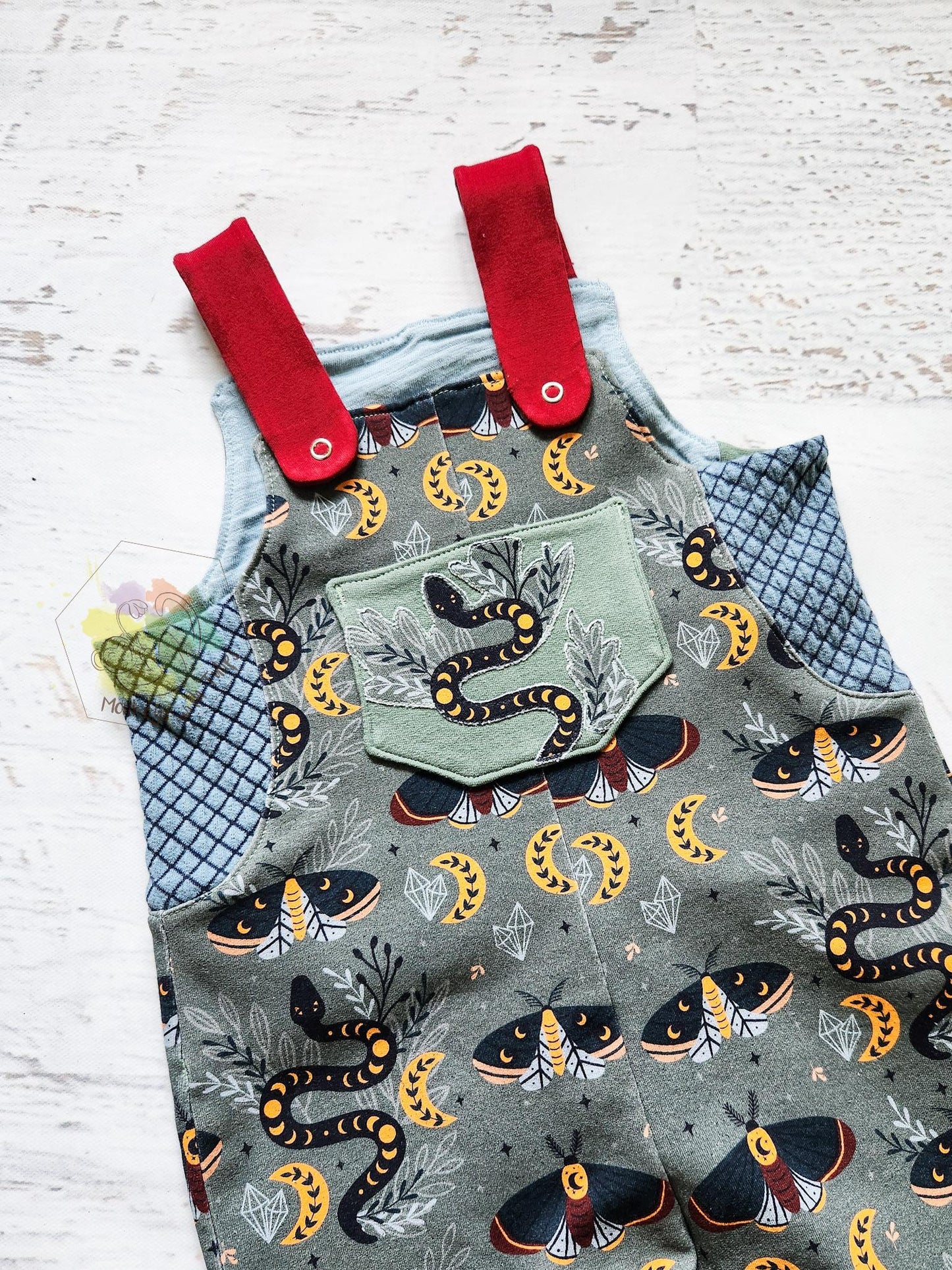 Mystical Forest Critter comfy overalls, size 12/18 month