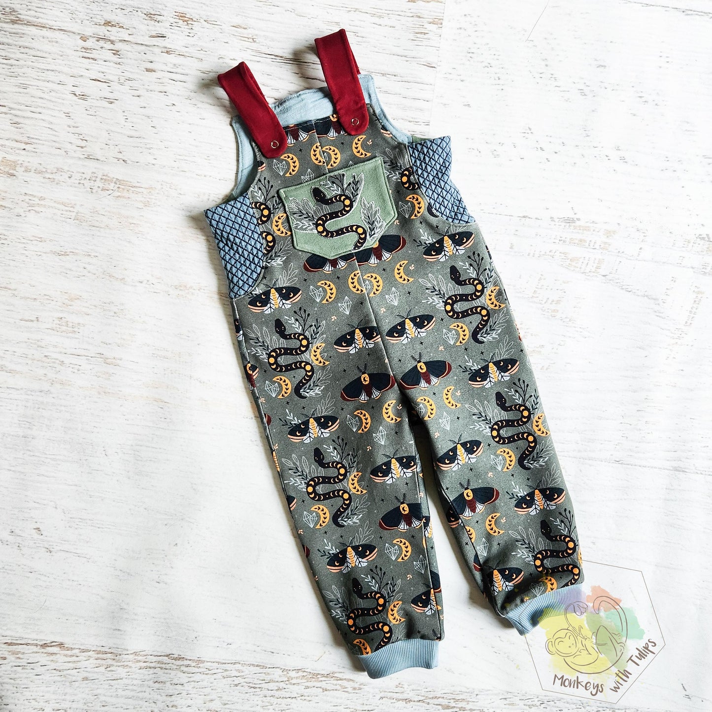 Mystical Forest Critter comfy overalls, size 12/18 month
