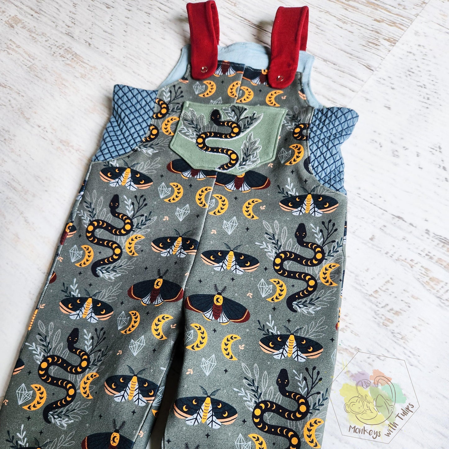 Mystical Forest Critter comfy overalls, size 12/18 month
