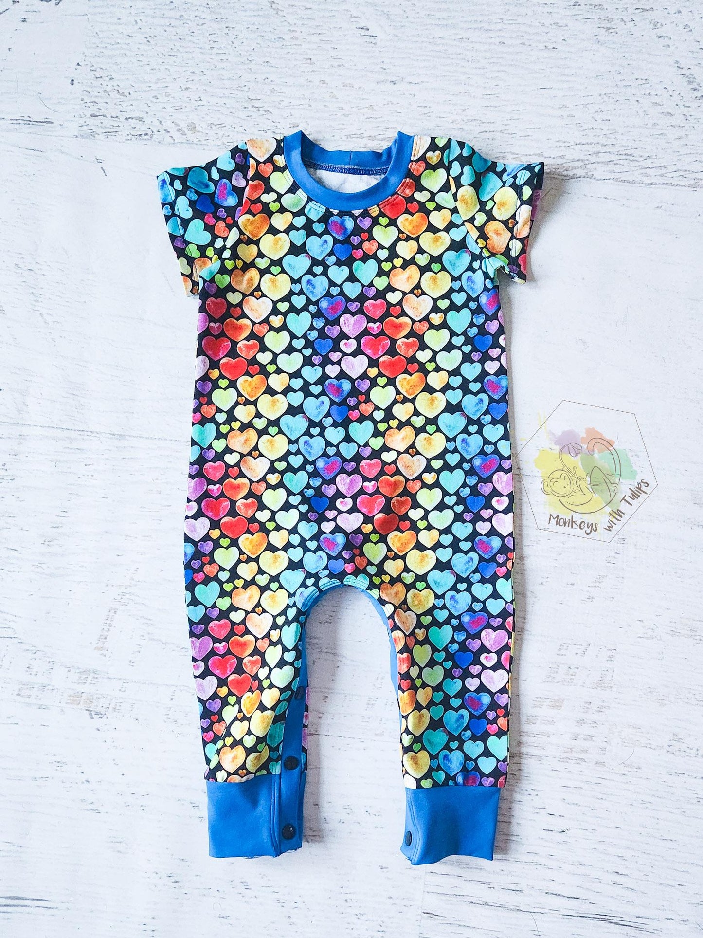 Watercolor Hearts rompaloones, size 9-12 months